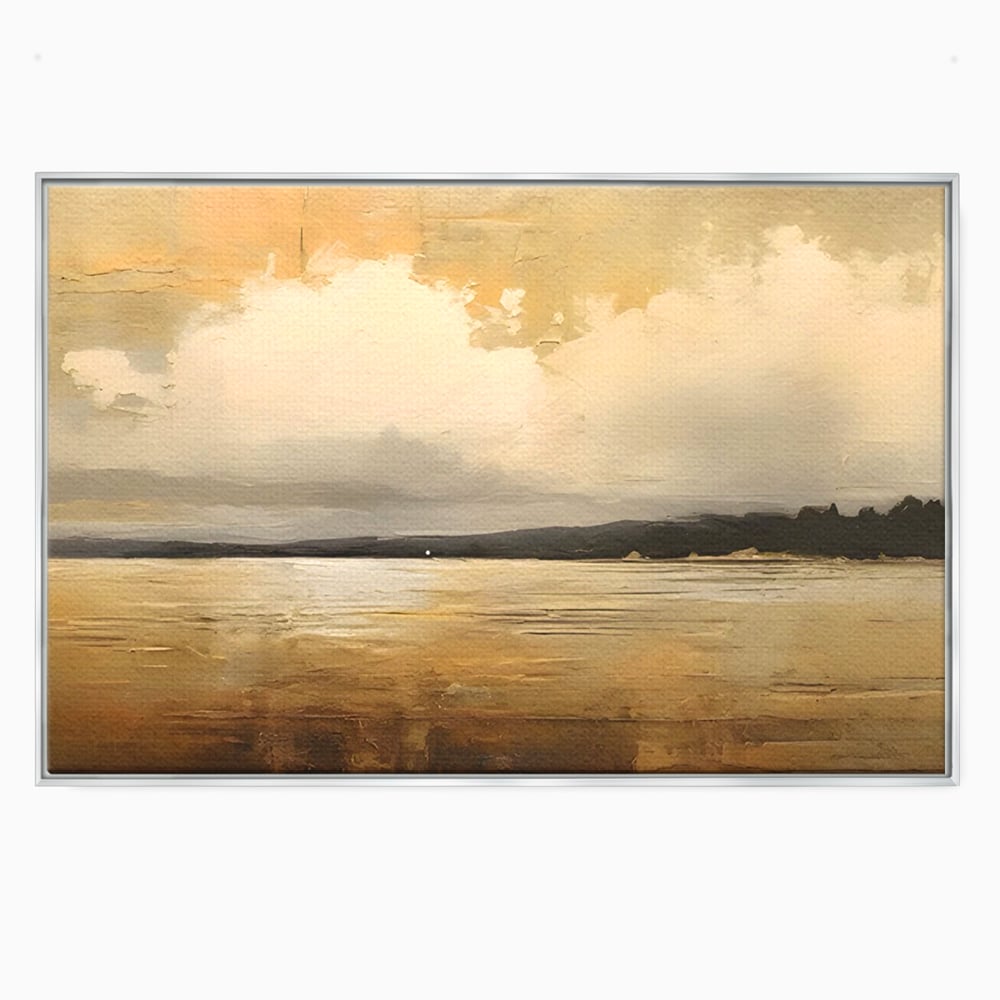 Tablou canvas cu pictura orizontala cu apus pe lac, in rama de aluminiu argintiu